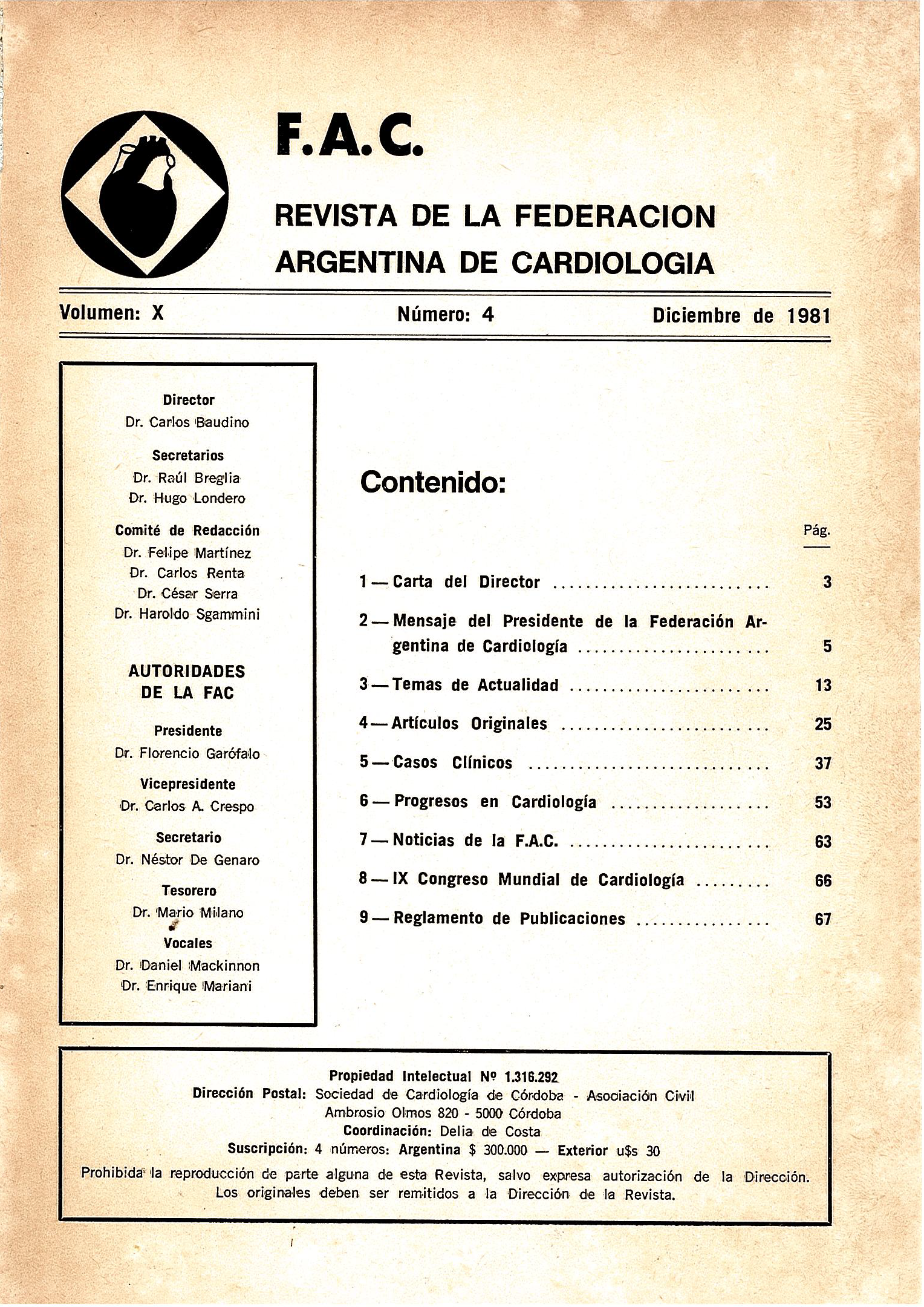 Portada de la Revista de la Federación Argentina de Cardiología Volúmen 10 Número 4, Diciembre de 1981